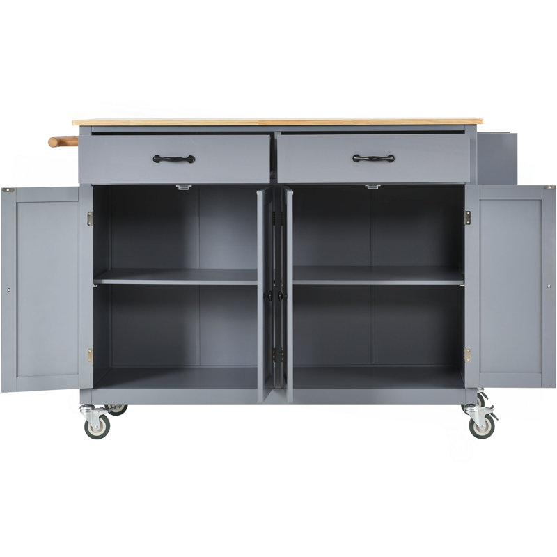 Chariot pour îlot de cuisine avec plateau en bois massif et roues verrouillables, largeur de 54,3 pouces, armoire à 4 portes et deux tiroirs, support à épices, support à serviettes (gris bleu)