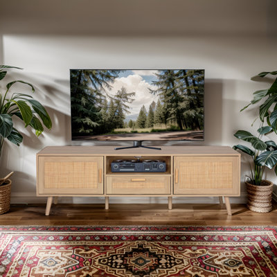 59"" Tv Stand For Up To 65 Inches Tv, Tv Console With 2 Hand Made Rattan Decorated Doors, Living Room Entertainment Center Tv Table With Storage, Natur -  Bay Isle Homeâ¢, 85875628976B4AC6953B914E3D09437E