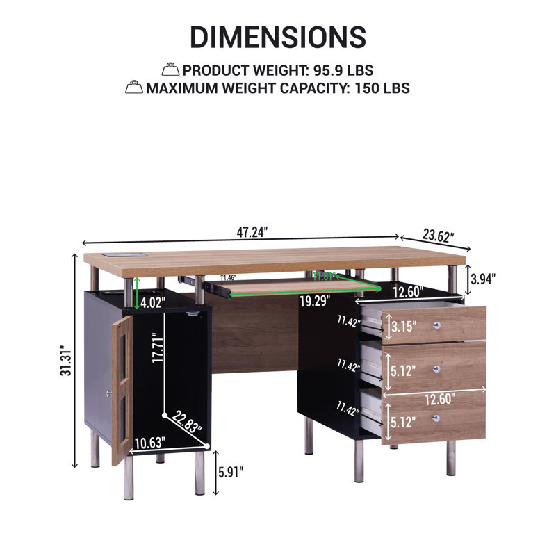 Armany Home Office Executive Writing Desk with Storage Cabinet, 3 Spacious Drawers, Keyboard Tray & Power Charging Station – Sturdy Wood Computer Desk for Study, Work & Home Workspace Organization