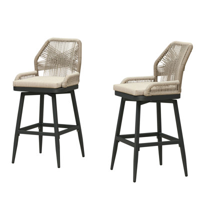Tabourets de bar pivotants d'extérieur PURPLE LEAF, ensemble de 2, rotation à 360°, en résine tressée résistante aux intempéries, avec dossier et coussin.
