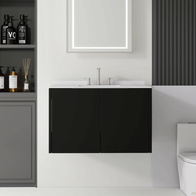 Meuble-lavabo flottant 36 po avec lavabo 36 po, porte à fermeture douce, comptoir et dosseret en marbre de culture blanc de Carrare de 0,6 po, contreplaqué, brun