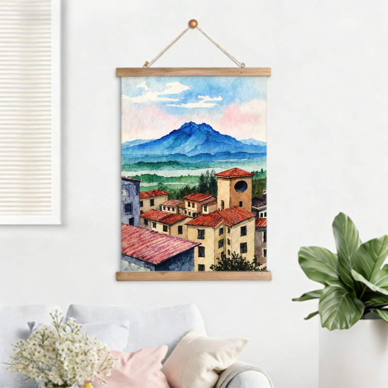 Montagne toscane, art mural à volutes suspendues, cintre en bois intégré, 16 x 24