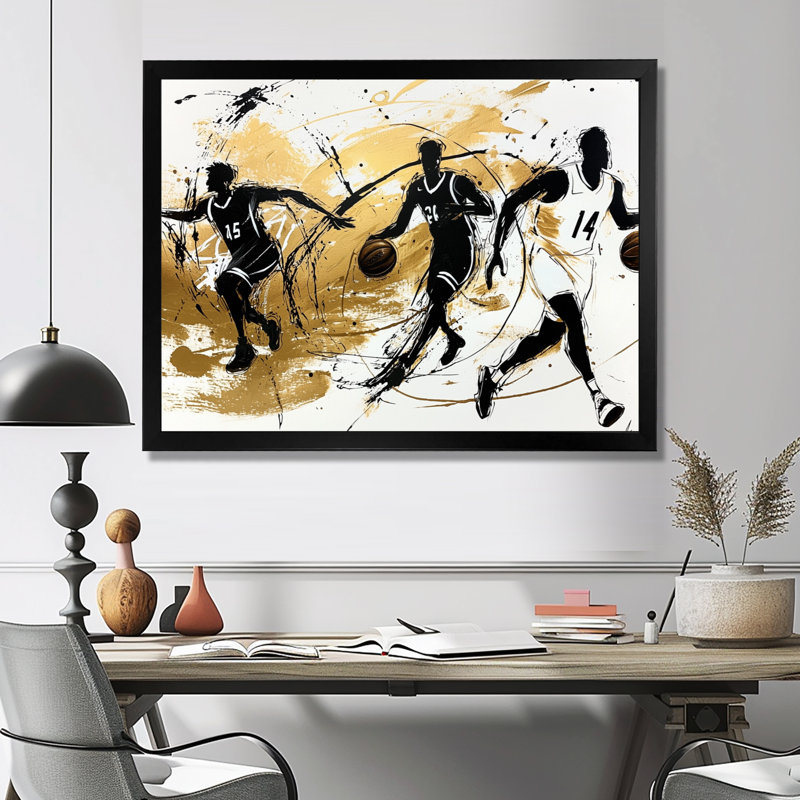 Glam Basketball Playful joueurs II - Sport Basketball, art mural, H 24 po x l 32 po, Reproduction encadrée, Noir