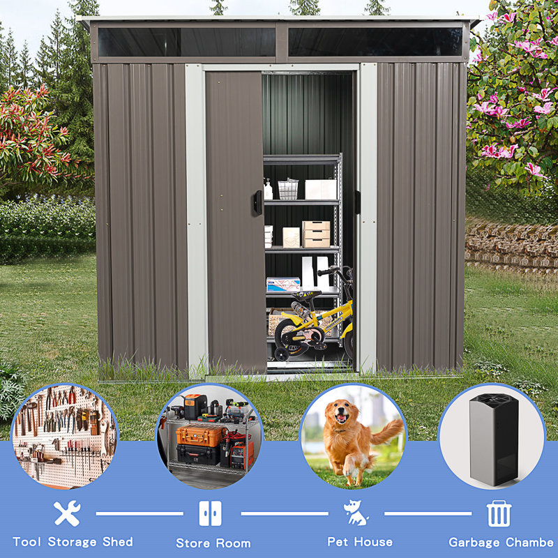 6Ft X 5Ft Outdoor Metal Storage Shed With Window Transparent Plate, Gray
