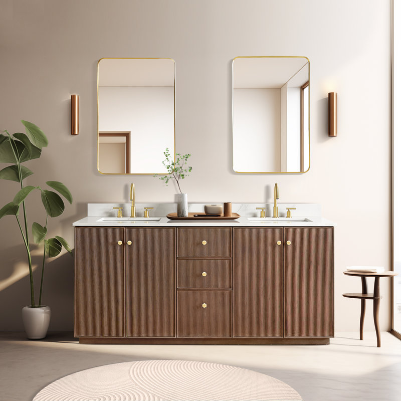 Amella 72'' Free Standing Double Bathroom Vanity with Quartz Top, Dark Brown Oak