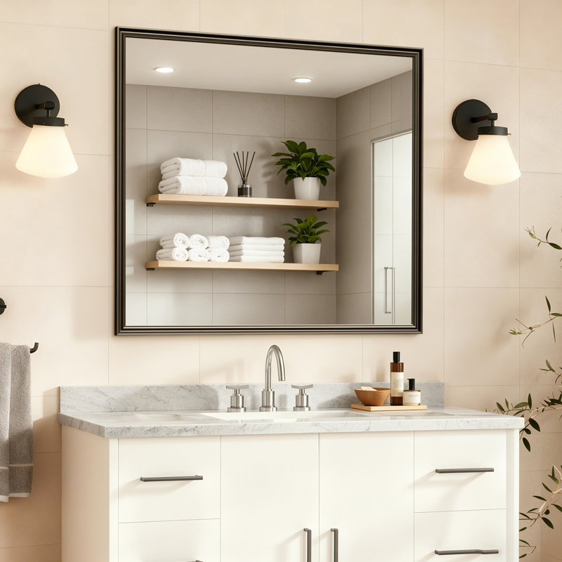Tempered Glass Wall-Mounted Mirror, Shatter-Resistant Reinforced Design, Vertical/Horizontal Hanging Installation, 40" x 36"