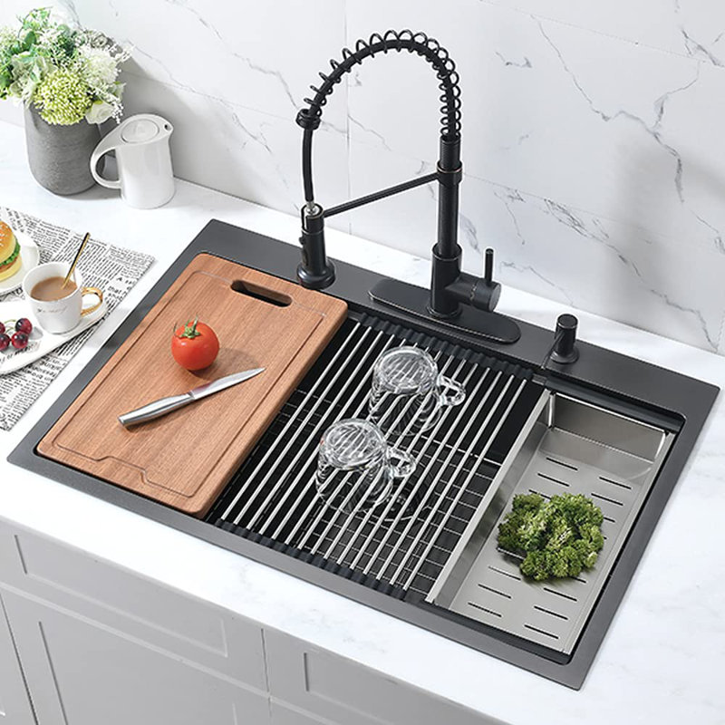 33" L x 22" W Drop In Kitchen Sink with Sink Grid and Drain Assembly, Brushed Nickel
