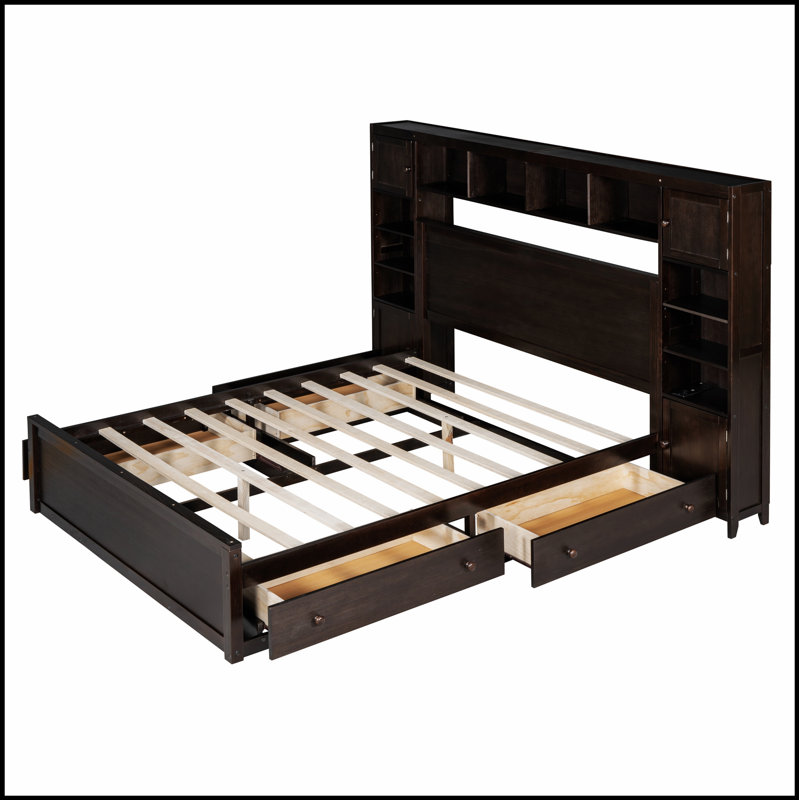 Lit en bois de pin massif avec armoire intégrée, tablette et prises de courant pour un rangement et une commodité améliorés