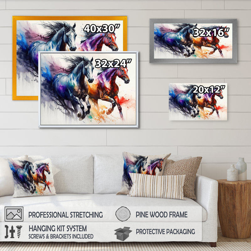 Chevaux qui courent II - cheval, art mural, Cadre simple noir, H 12 po x l 20 po x P 1 po