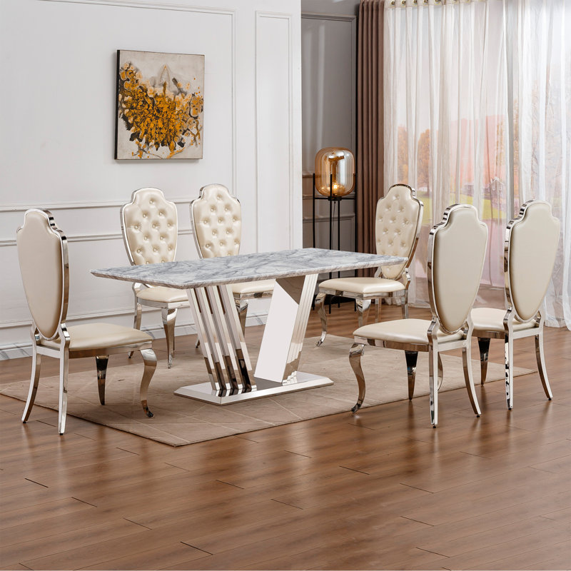 Table de salle à manger en faux marbre avec base en acier inoxydable, pour 6 personnes, Gris, Argent argent