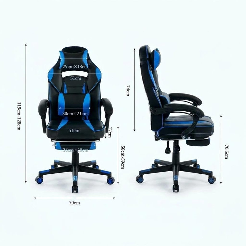 PU Leather Gaming Chair with Footrest and Lumbar Support - Reclining Computer Chair for Home Office & Study, Blue