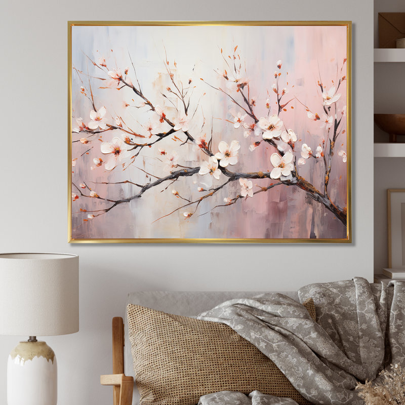 Cerisier rose et blanc 2 - Art mural cerise, Cadre flottant doré, H 16 po x l 32 po x P 1 po