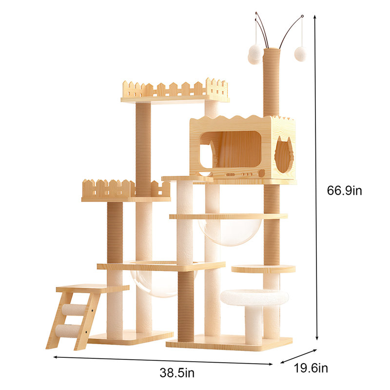 Tour pour arbre à chat moderne de 66,9 po pour multi-maisons d'intérieur, avec arbre en bois, poteaux à griffer, acrylique et perchoir supérieur confortable, construction 66,9 po, avec perchoir couvert, situation idéale, matériau