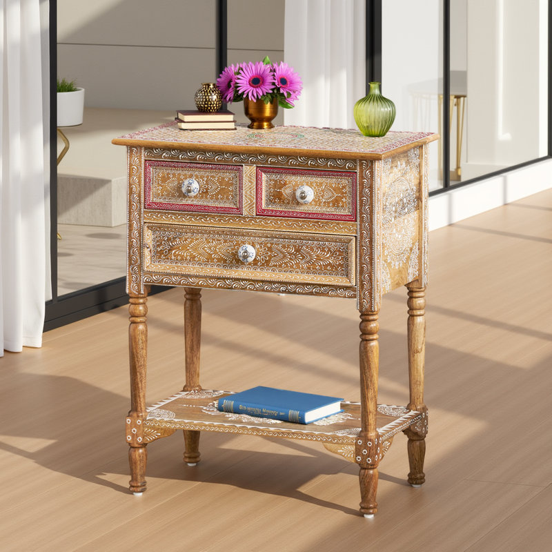 Table d'appoint en bois de manguier Boho fabriquée à la main avec 3 tiroirs et motif oriental peint