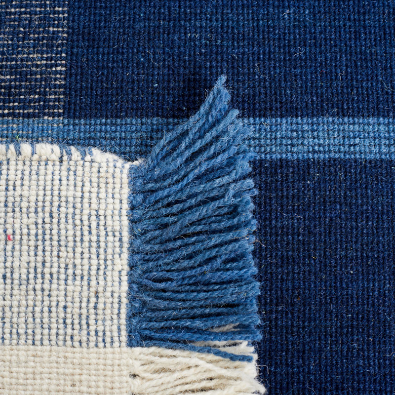 Anjail Flat Weave Wool/Cotton Plaid Rug in Beige/Blue, Rectangle 4' x 6'