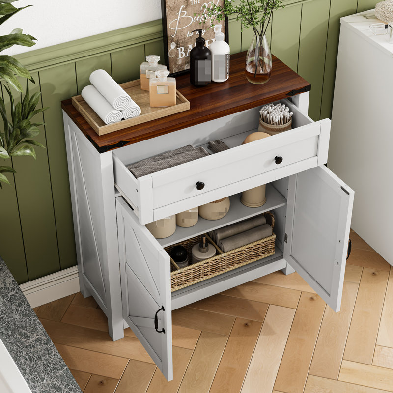 Mid-Century Modern Bathroom Storage Cabinet - Walnut Countertop & 1 Drawer For Toiletries Casual Style Adjustable Shelf Various Spaces