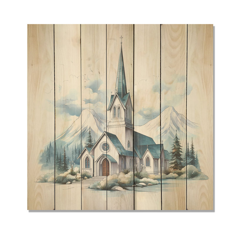 Mountain Church Sanctuary II - Church On Wood Print, H 15 po x l 15 po