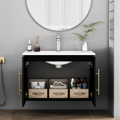 Meuble-lavabo noir de 30 po avec lavabo, charnières à fermeture en douceur, poignée en métal doré, lavabo en céramique pour une salle de bain élégante