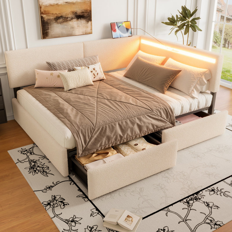 Lit d'angle capitonné double avec tête de lit à droite, éclairage DEL, port USB, 2 tiroirs de rangement, sommier à lattes et pieds en bois massif, beige
