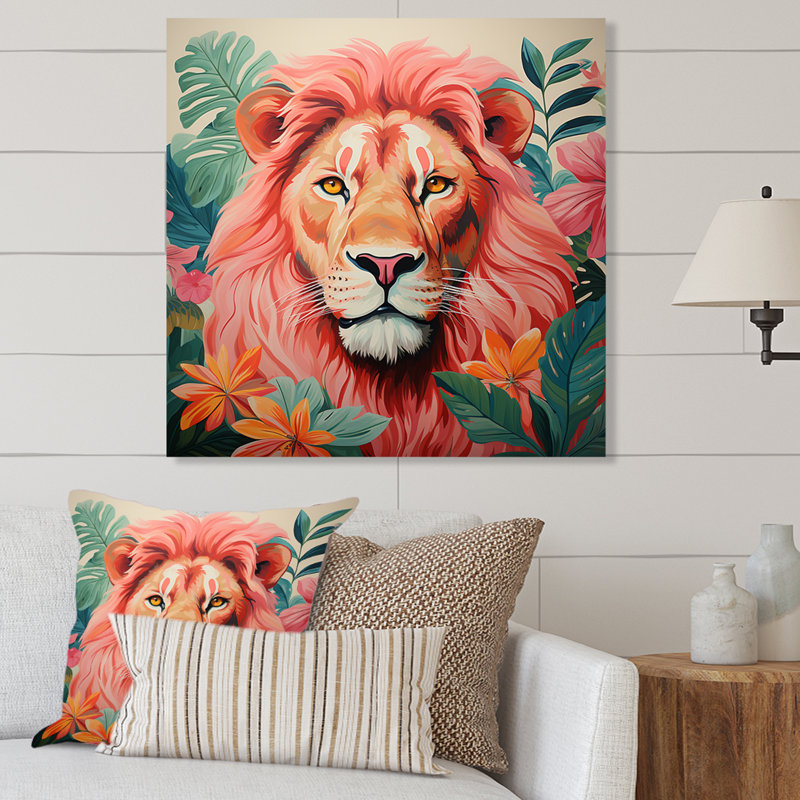 Pink And Green Lion In Forest I - Lion Animal Wall Decor, 16" H x 16" W x 1" D
