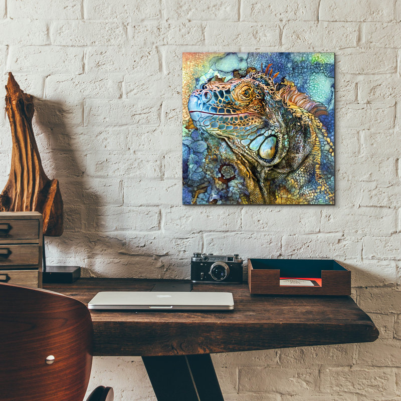 Art mural en verre «Iguana - Spirit Of Contenment» par Carol Cavalaris, H 12 po x l 12 po x P 0,13 po