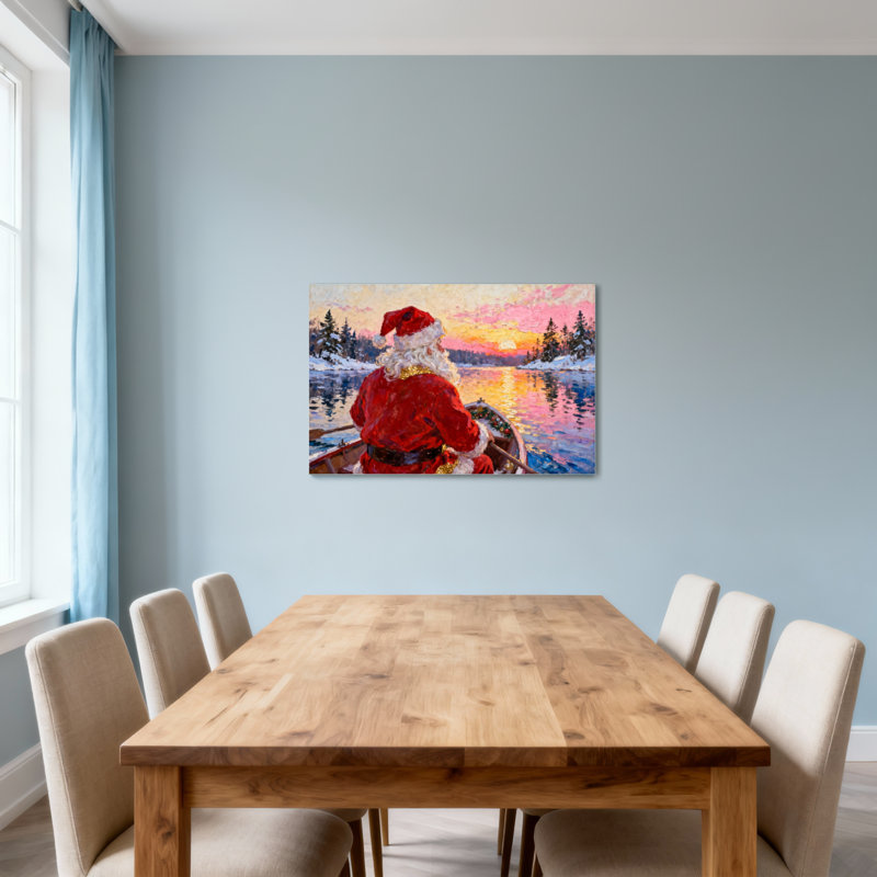 Noël, père Noël, bateau à rames, coucher de soleil, paysage d'hiver, H 12 po x l 18 po