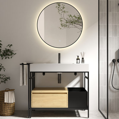 36-Inch Bathroom Vanity With Soft-Close Drawer, Open Storage, And Adjustable Towel Bar, Featuring A Metal Frame Warm Wood Accents Industrial Style 36" Seamless Artificial Stone Basin, Hardware,