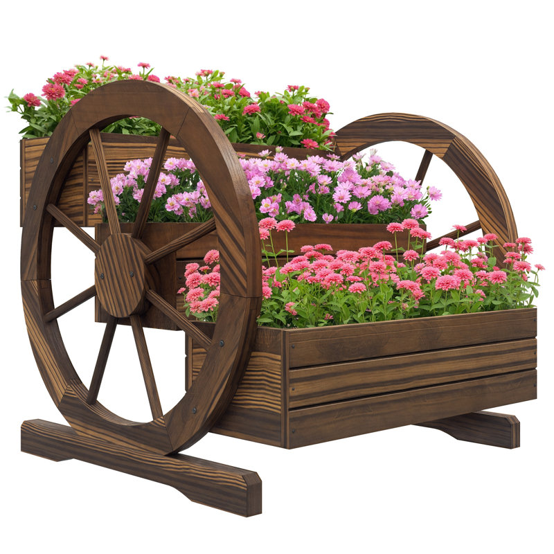 Wooden Wagon Planter Box, Decorative 3-Tier Raised Garden Bed, Dark Brown