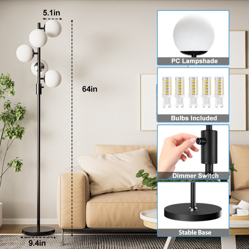 Lampe sur pied à intensité variable à intensité variable de style Mid-Century avec 5 pièces 3000K G9 avec lumière réglable en continu et base stable pour le bureau de la chambre à coucher