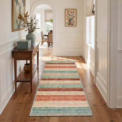 Tapis de couloir rayé corail / bleu sarcelle lavable à la machine avec envers antidérapant