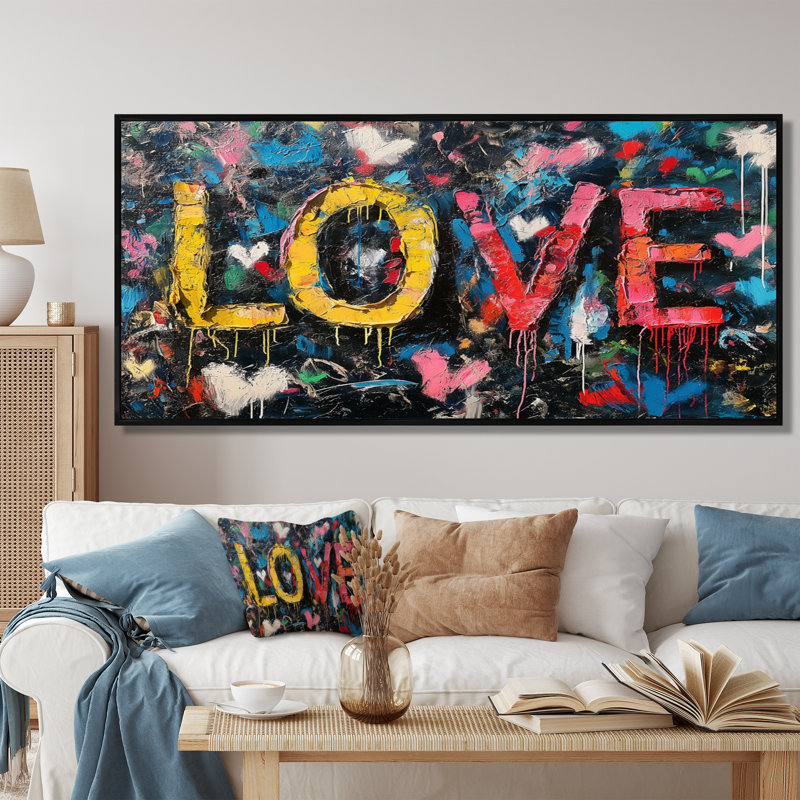 Love Pop Art Graffiti Artwork - Pop Art Wall Art Living Room, Toile avec cadre flottant noir, H 28 po x l 60 po x P 1,5 po