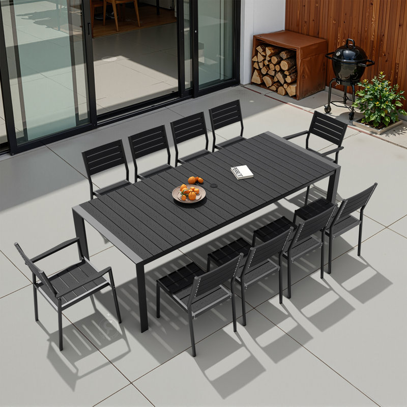 11 - Person Aluminum Patio Dining Set With Stackable Armchairs And Armless Chairs,  Black