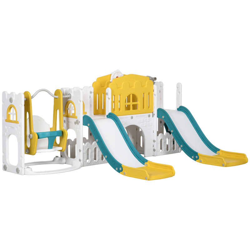 Ensemble de balançoire et de balançoire pour tout-petits 8 en 1 QABA avec 2 toboggans, glissoire pour bébé de 1 à 3 ans avec panier de basketball, grimpeur, allée, volant, espace de rangement, télescope, aire de jeu intérieure