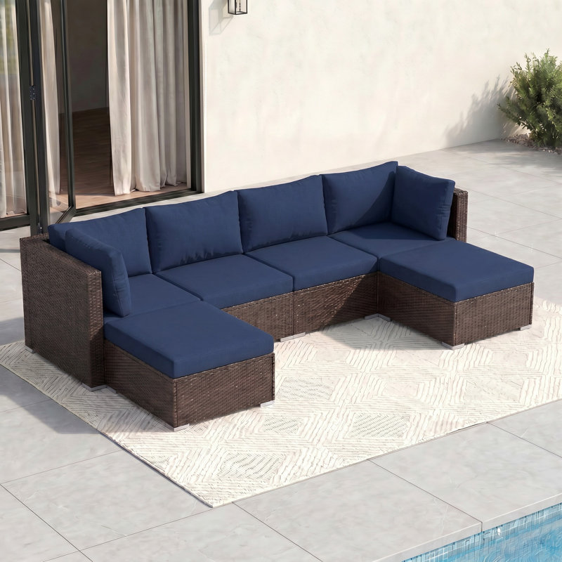 Outdoor Wicker Sectional Sofa Set With Ottomans, Deep Seating Patio Conversation Set With Cushions, No, Navy Blue, Brown