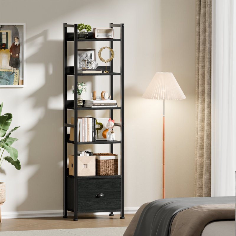 6 Tier Bookshelf, Tall Shelf with Drawer, Wood and Metal Bookshelves Storage Organizer, Industrial Display Shelving Unit for Bedroom, Living Room, Home Office