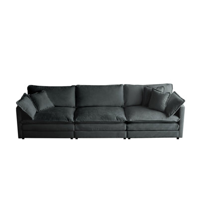 3 en style Mid-Century moderne, chenille grise, structure en bois massif, rembourrage en éponge, confort pour le salon, coussins d'accoudoirs, supérieur