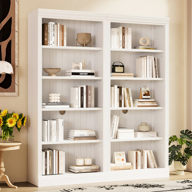 Bibliothèque blanche en bois 5 avec bandes et tablettes réglables, idéale pour les espaces de bureau de vie, éclairage à DEL avec tablettes décoratives beige et jaune, style moderne