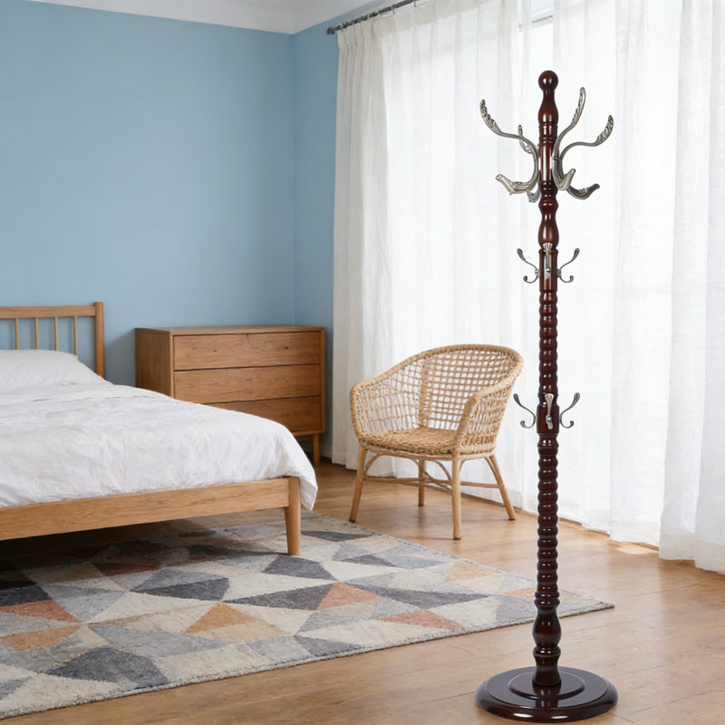 Freestanding Wooden Coat Rack With 14 Hooks And Adjustable Height, Sturdy Hall Tree With Solid Round Base For Entryway, Hallway, And Bedroom