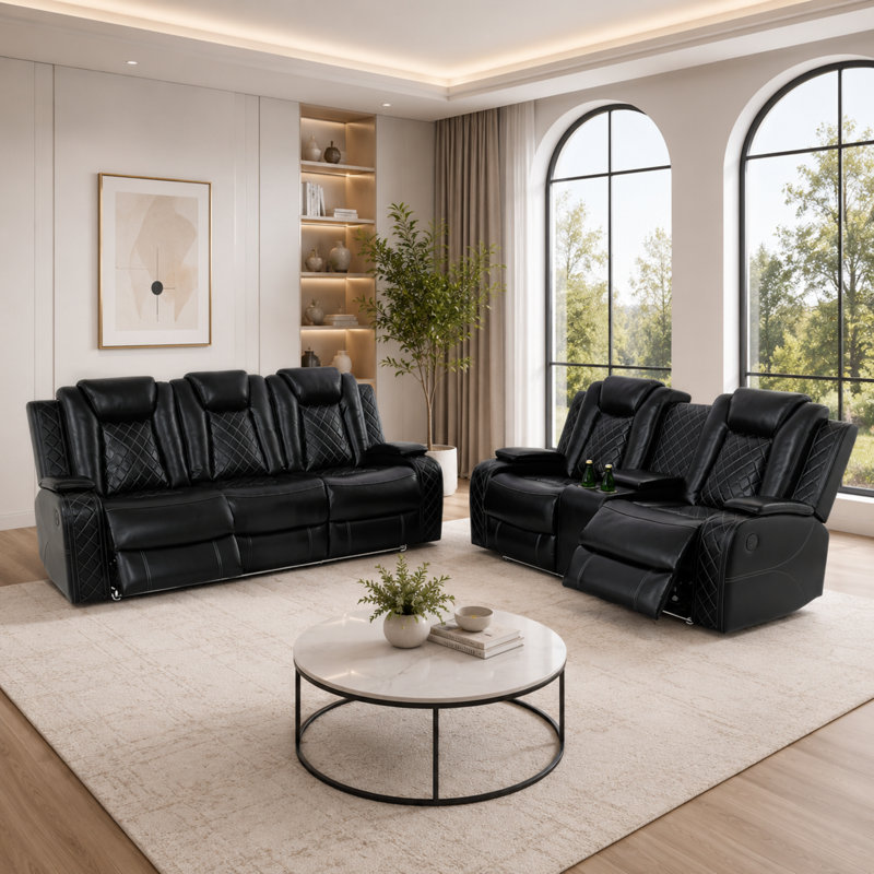 Ensemble de canapé de salon inclinable électrique en cuir 2 pièces avec chargeurs sans fil et lumières DEL, Noir