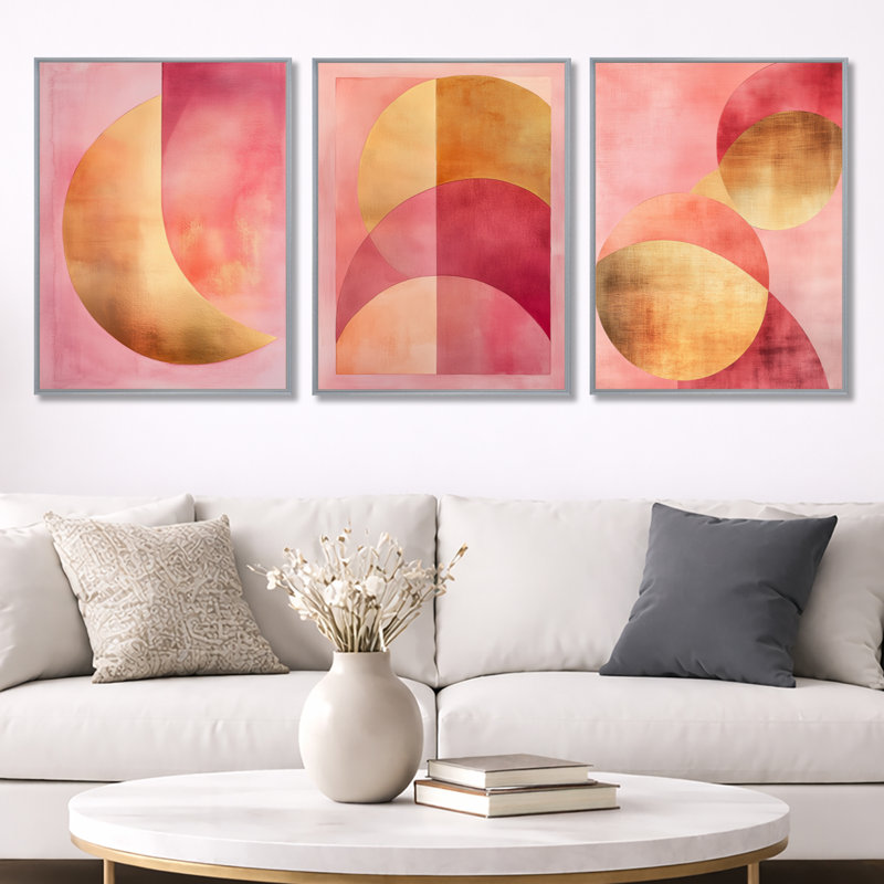 Blush & Gold Arcs - Art abstrait encadré 3 pièces, Silver Floater Framed, 32" H x 72" W