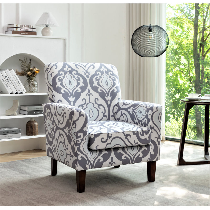 Chaise avec accoudoirs en mélange de polyester à motifs, structure en bois de bouleau massif avec pieds fuselés bruns, chaise d'appoint rembourrée de mousse avec garniture pour le bureau du salon