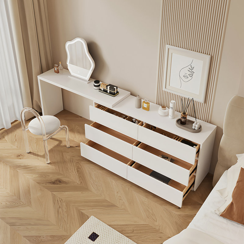 No Assembly Required Extendable Makeup Table With 6-Drawers