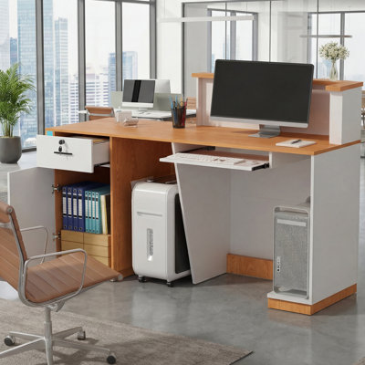 Modern Reception Desk with Storage, 62.2" W Two-Level Countertop for Office and Commercial Use
