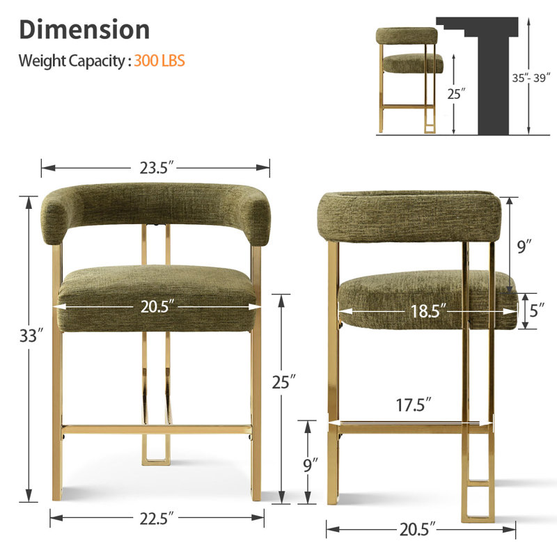 25" Upholstered Gold Chenille Counter Stool (Set of 4), Green