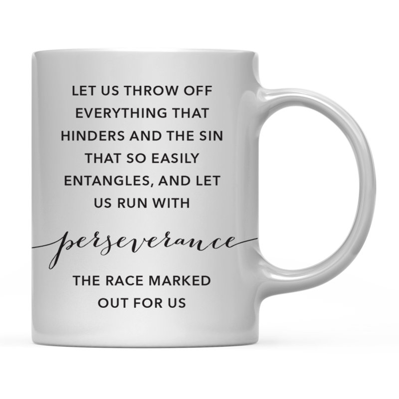 Bible moderne chrétienne noire versets 11 oz. Cadeau de tasse à café, Hébreux 12: 1: «Laissez-nous jeter tout ce qui s'oppose et le péché qui s'enchevêtrent si facilement, et courons avec persévérance»