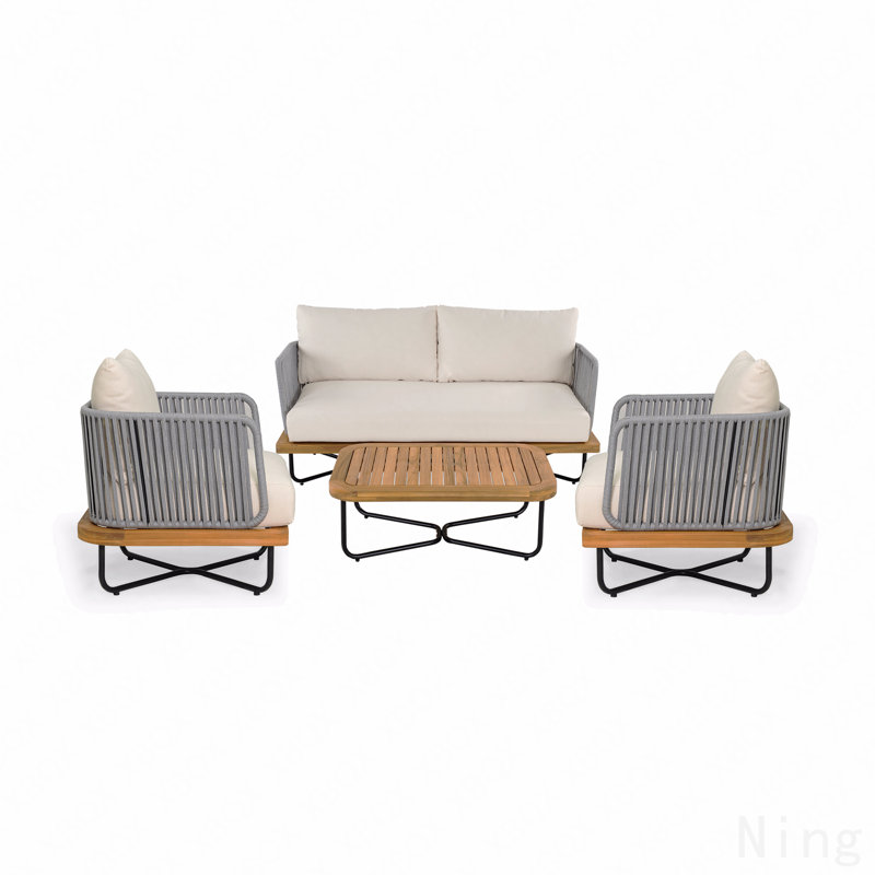 Ensemble de conversation d'extérieur 4 pièces en bois d'acacia tissé et corde, beige, Beige