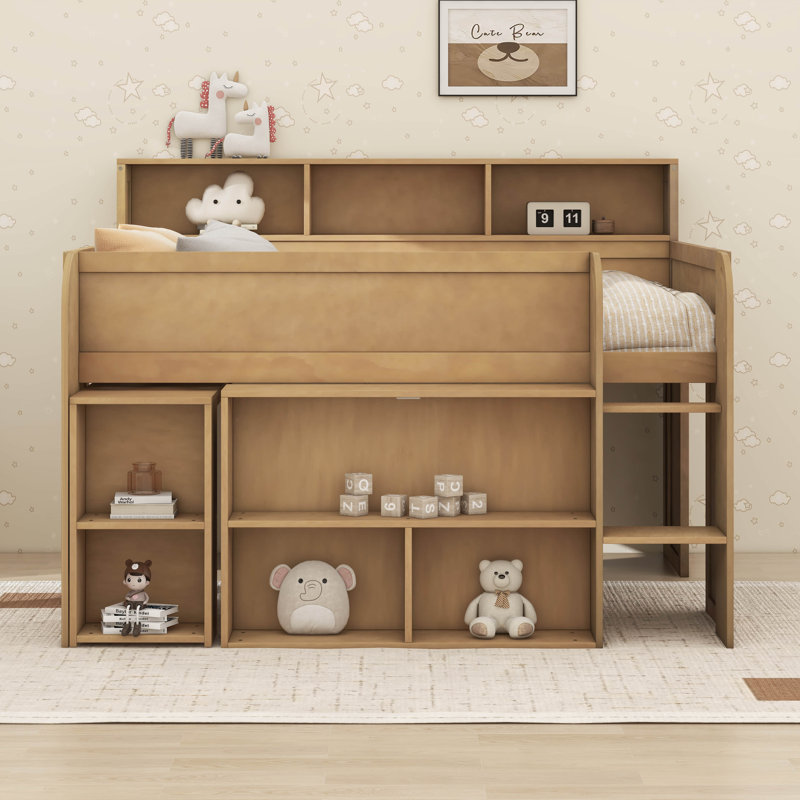 Designs Full Size Loft Bed With Desk, Wood Loft Bed Frame With Storage Shelves, LED Light, Walnut