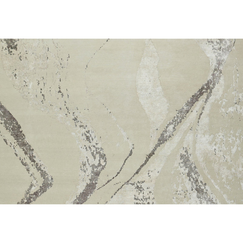 Hand Knotted Abstract Area Rug in Beige/Charcoal Gray, Rectangle 5' x 8'