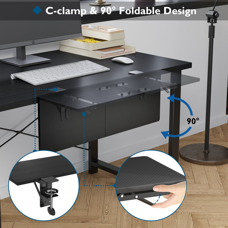 Ergonomics Desk Extender Tray Colored Carbon Fiber, 27.2X9.4 Inch Table Mount Arm Rest Shelf, 90° Foldable Keyboard Tray Platform, Clamp On Computer Arm Rest For Desk, Suitable For Office Desks