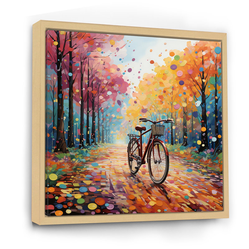 Vélo joyeux chevauchant le pointillisme II, 36" H x 36" W, Cadre naturel flottant